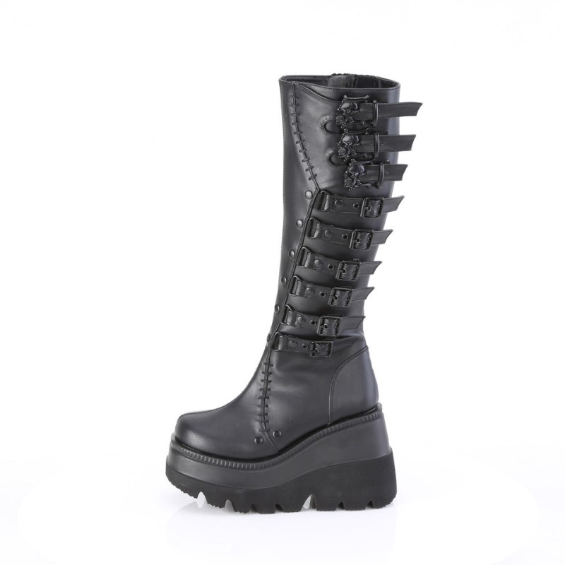 Demonia Shaker 232 - Wedge Platform Women Knee-High Boots Black USA | MU7-38933W6