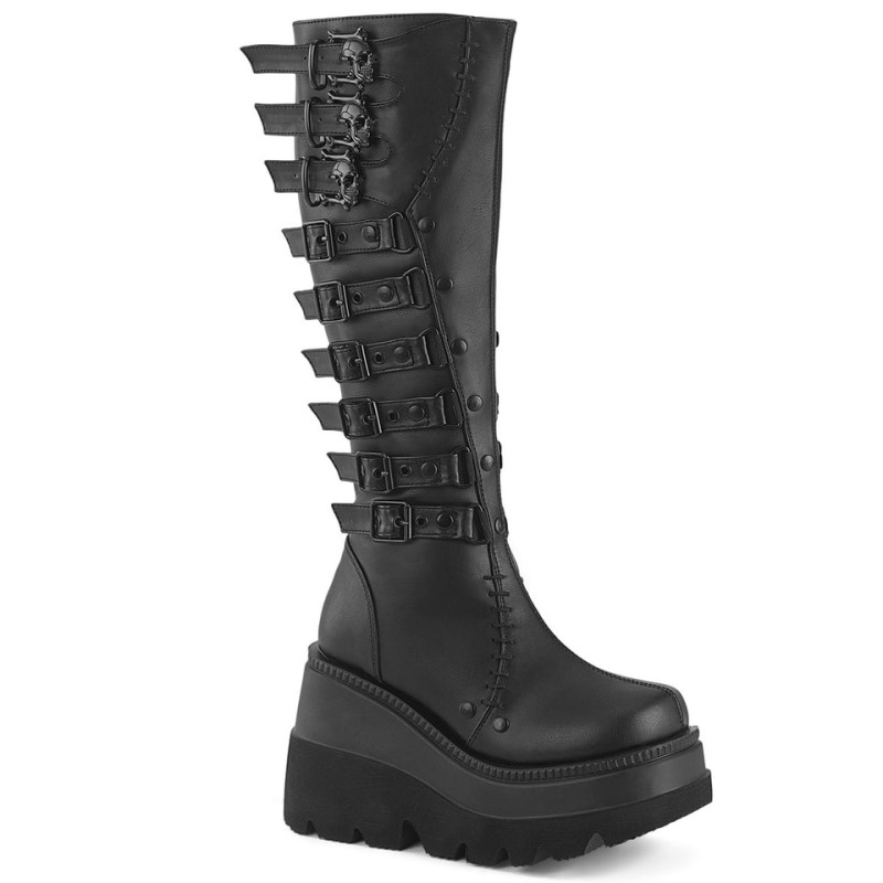 Demonia Shaker 232 - Wedge Platform Women Knee-High Boots Black USA | MU7-38933W6