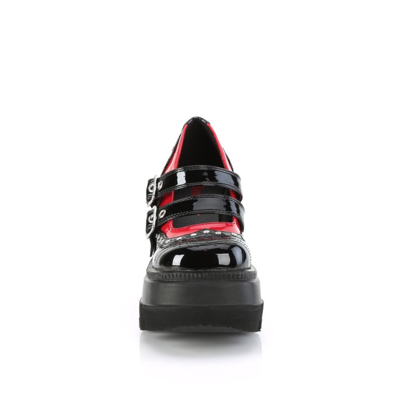 Demonia Shaker 27 - Wedge Platform Double Buckle Strap Wingtip Women Mary Janes Black / Red USA | PJ6-71937K3