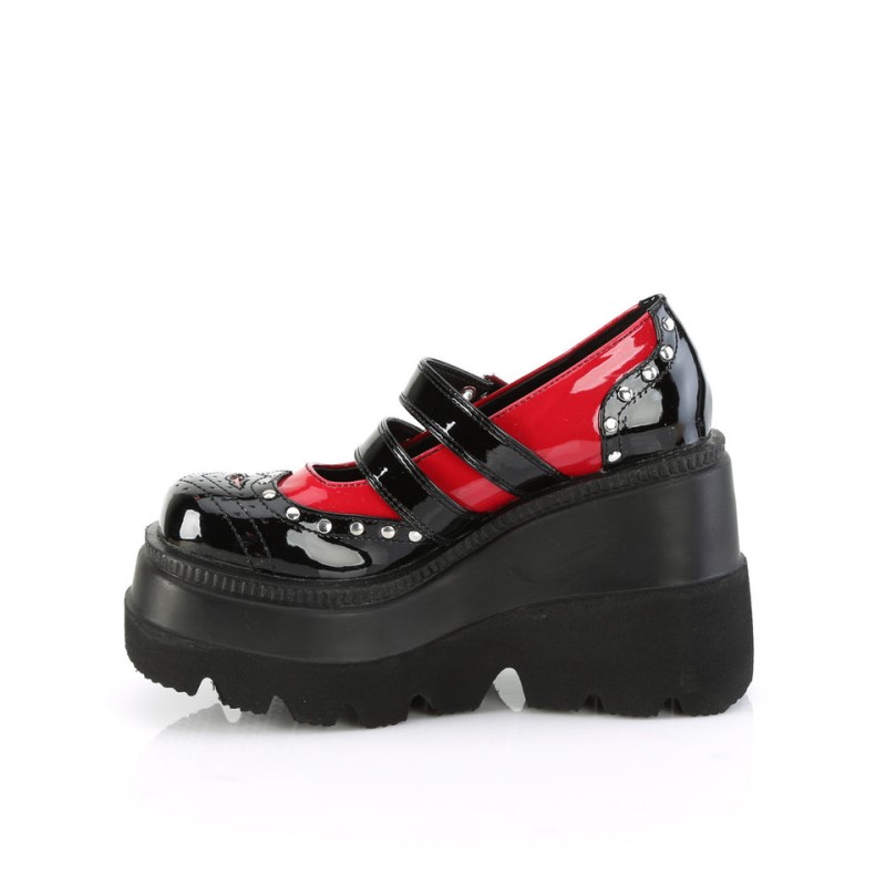 Demonia Shaker 27 - Wedge Platform Double Buckle Strap Wingtip Women Mary Janes Black / Red USA | PJ6-71937K3