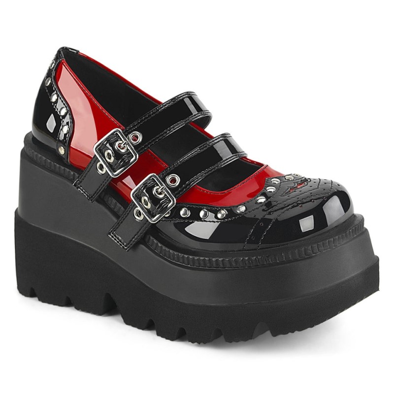 Demonia Shaker 27 - Wedge Platform Double Buckle Strap Wingtip Women Mary Janes Black / Red USA | PJ6-71937K3