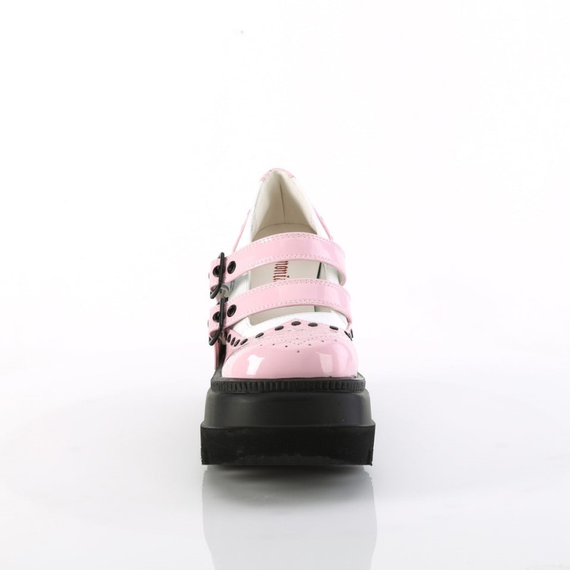 Demonia Shaker 27 - Wedge Platform Double Buckle Strap Wingtip Women Mary Janes Pink / White USA | HV7-83288J8