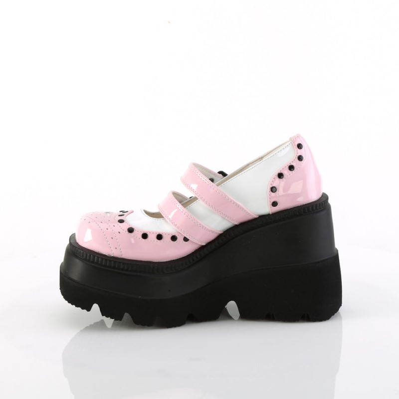 Demonia Shaker 27 - Wedge Platform Double Buckle Strap Wingtip Women Mary Janes Pink / White USA | HV7-83288J8