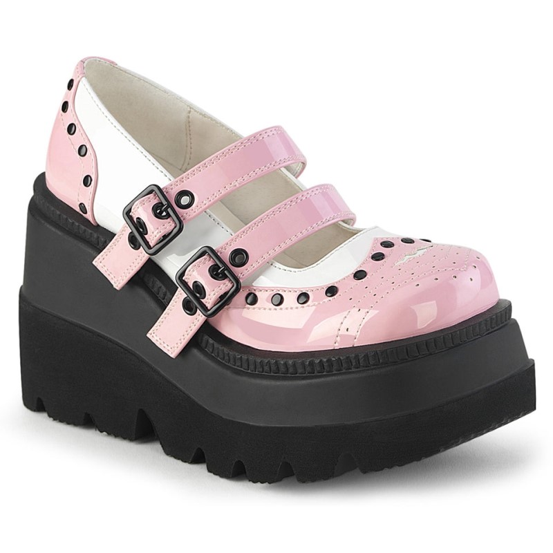 Demonia Shaker 27 - Wedge Platform Double Buckle Strap Wingtip Women Mary Janes Pink / White USA | HV7-83288J8