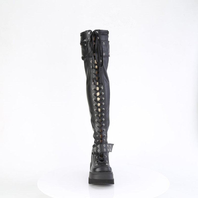 Demonia Shaker 325 - Wedge Platform Open Lace Up Stretch Women Over-The-Knee Boots Black USA | IJ5-58555T3