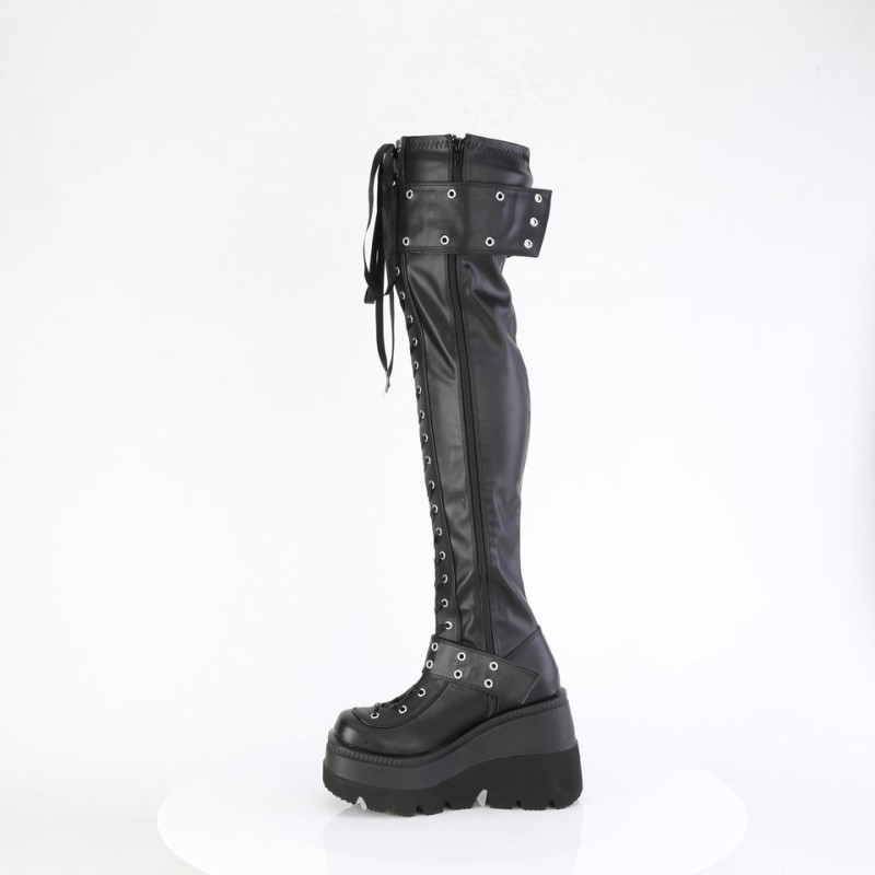 Demonia Shaker 325 - Wedge Platform Open Lace Up Stretch Women Over-The-Knee Boots Black USA | IJ5-58555T3