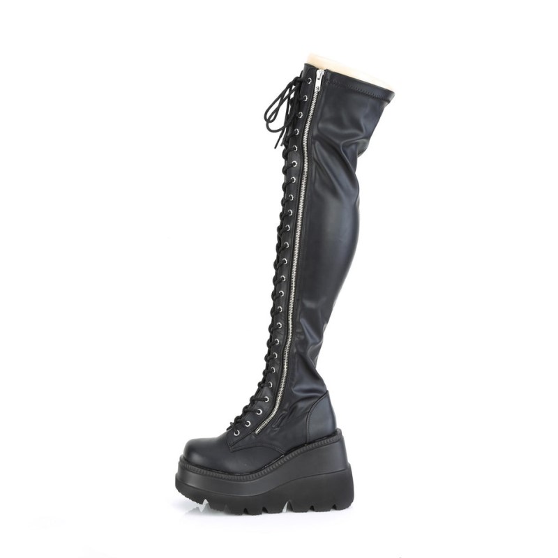 Demonia Shaker 374 - Platform Lace Up Stretch Women Over-The-Knee Boots Black USA | NN9-85568T4