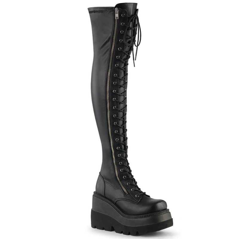 Demonia Shaker 374 - Platform Lace Up Stretch Women Over-The-Knee Boots Black USA | NN9-85568T4