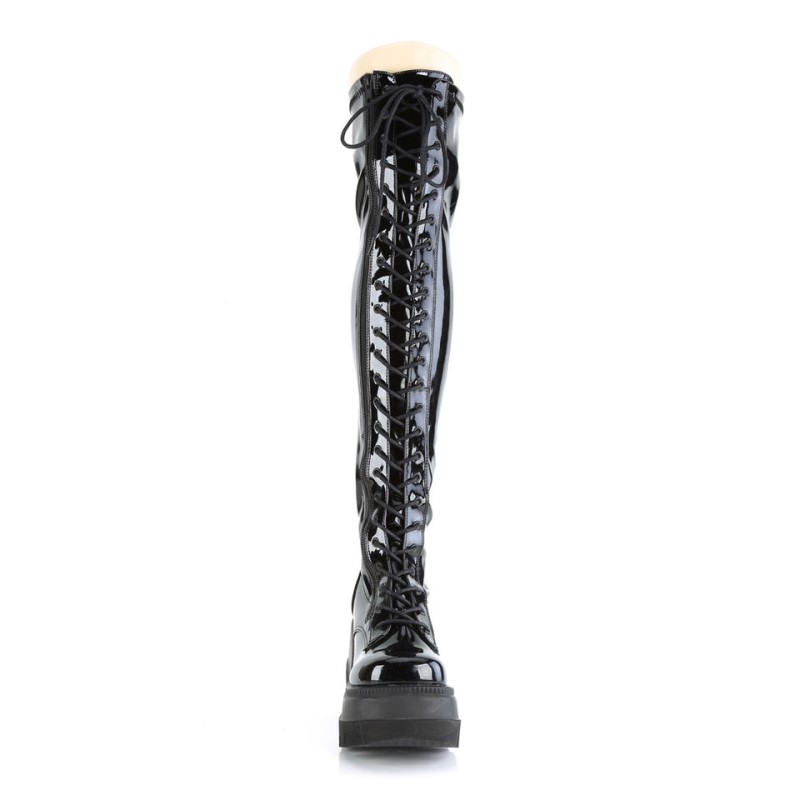 Demonia Shaker 374 - Wedge Platform Lace Up Stretch Women Over-The-Knee Boots Black USA | GO4-05130A7