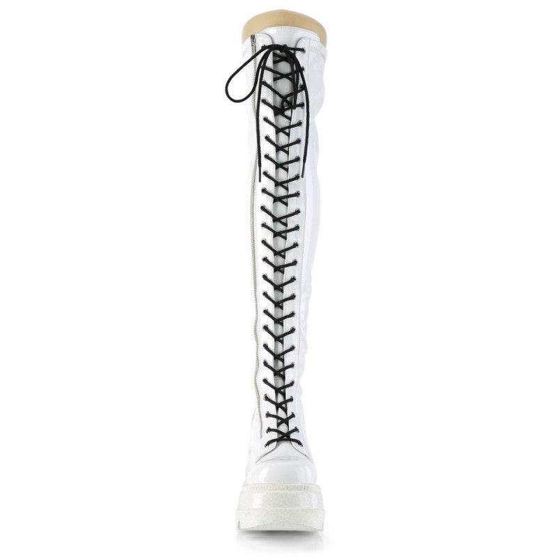 Demonia Shaker 374 - Wedge Platform Lace Up Stretch Women Over-The-Knee Boots White USA | KU1-62046N8