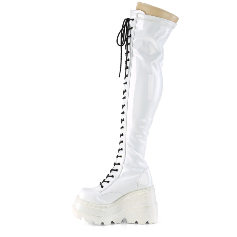 Demonia Shaker 374 - Wedge Platform Lace Up Stretch Women Over-The-Knee Boots White USA | KU1-62046N8