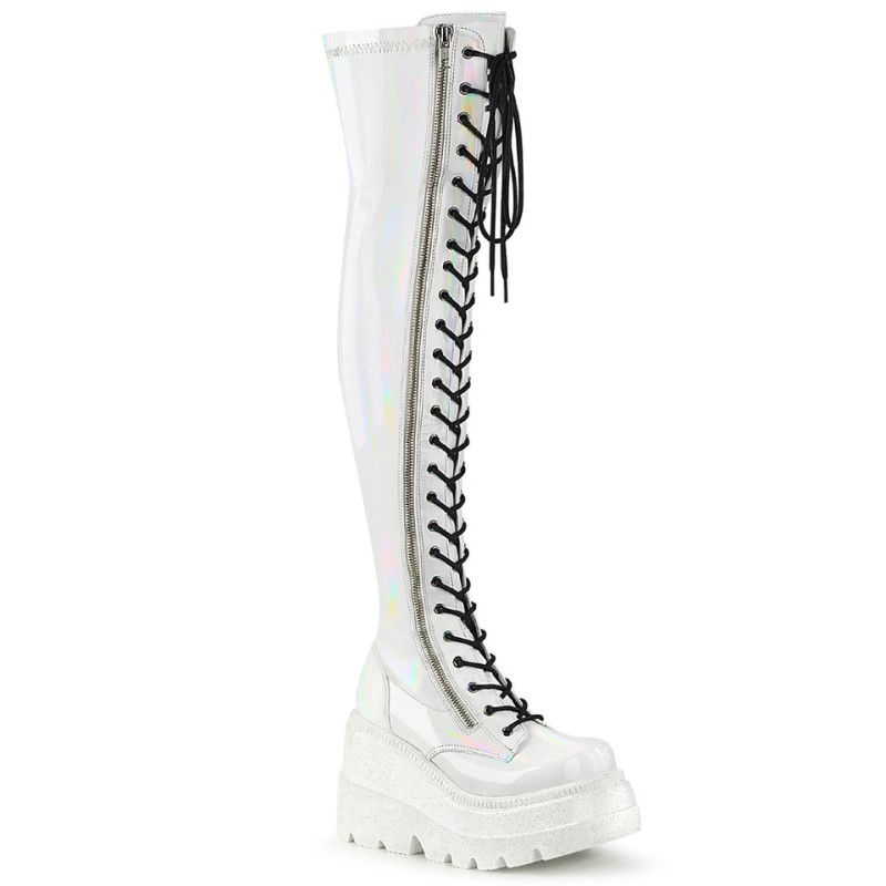 Demonia Shaker 374 - Wedge Platform Lace Up Stretch Women Over-The-Knee Boots White USA | KU1-62046N8