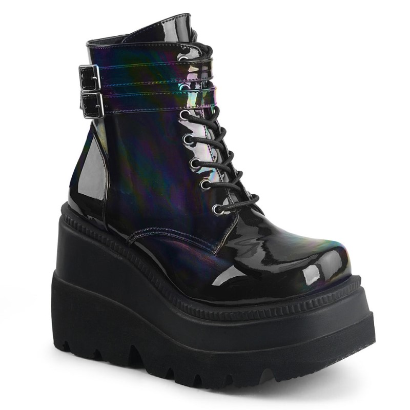 Demonia Shaker 52 - Wedge Platform Lace Up Women Ankle Boots Black / Blue USA | DR8-21692B6