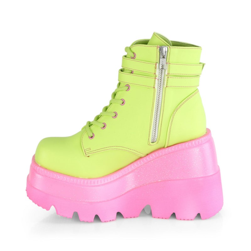 Demonia Shaker 52 - Wedge UV Blacklight Reactive Platform Lace Up Women Ankle Boots Light Green / Pink USA | AW2-43944Z2