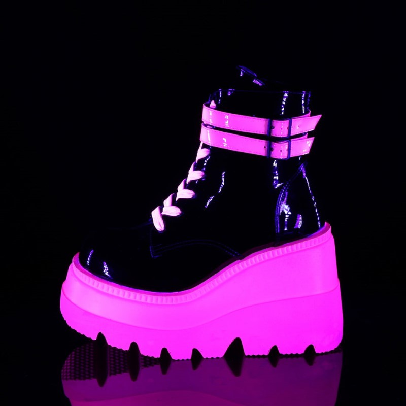 Demonia Shaker 52 - Wedge UV Blacklight Reactive Platform Lace Up Women Ankle Boots Black / Pink USA | YV8-43684V0