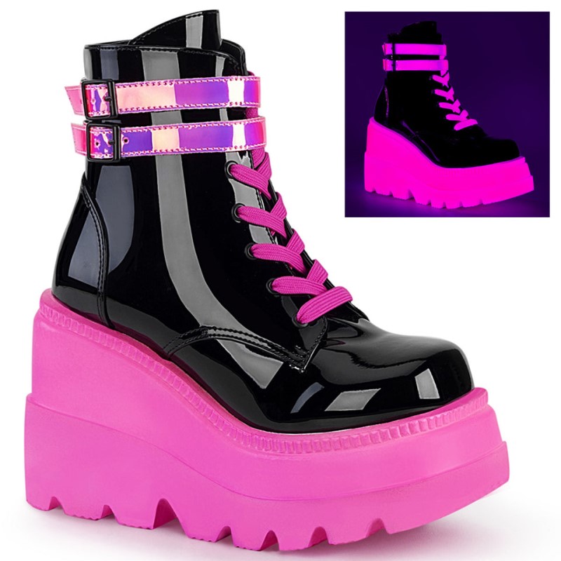 Demonia Shaker 52 - Wedge UV Blacklight Reactive Platform Lace Up Women Ankle Boots Black / Pink USA | YV8-43684V0