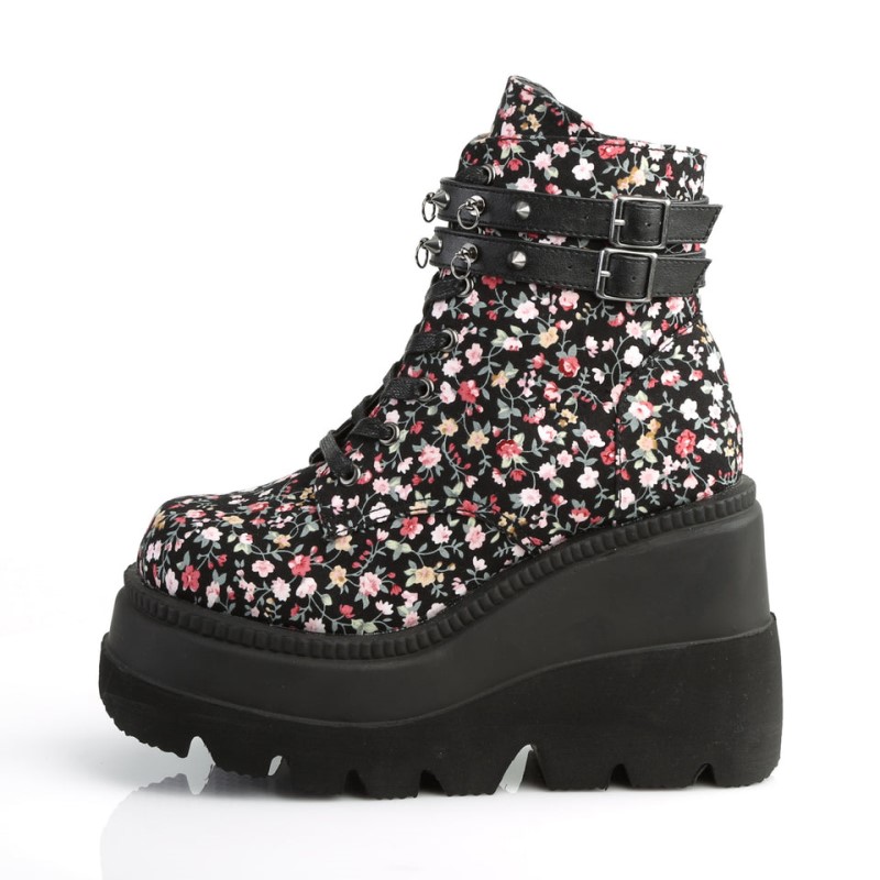 Demonia Shaker 52st - Wedge Platform Lace Up Women Ankle Boots Flower USA | IK9-15541R5