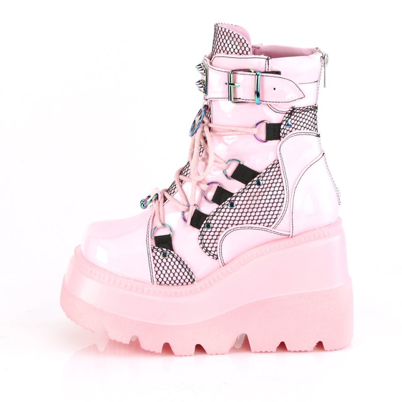 Demonia Shaker 60 - Wedge Platform Lace Up Dual Buckle Women Ankle Boots Pink USA | JP8-74477M1