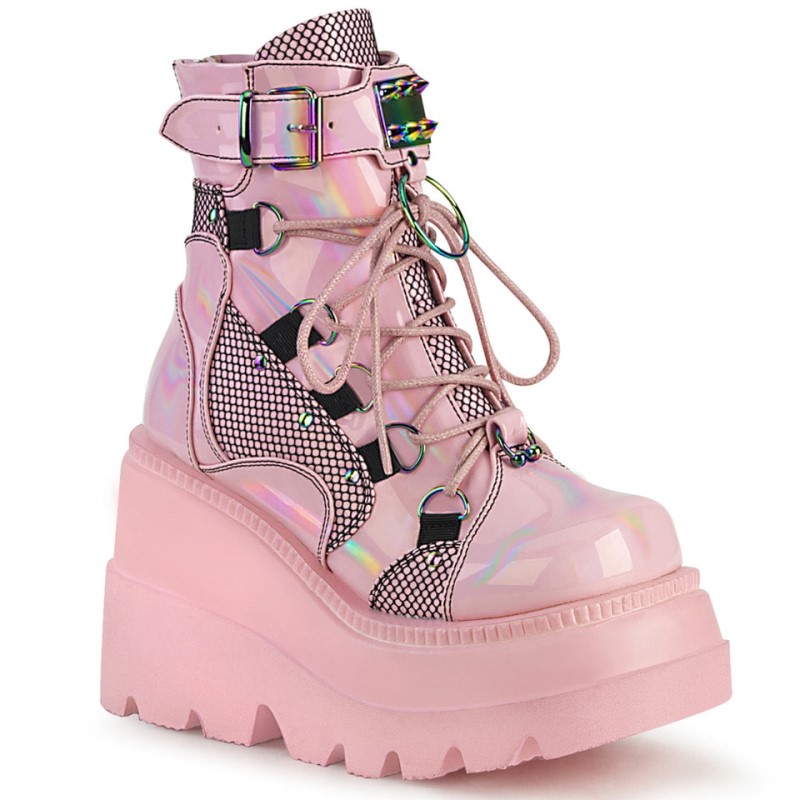 Demonia Shaker 60 - Wedge Platform Lace Up Dual Buckle Women Ankle Boots Pink USA | JP8-74477M1