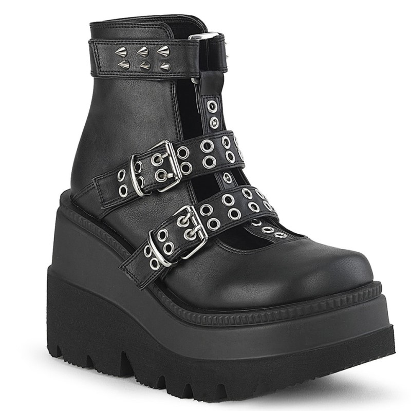 Demonia Shaker 62 - Wedge Platform Cage Women Ankle Boots Black USA | FH6-81768C7