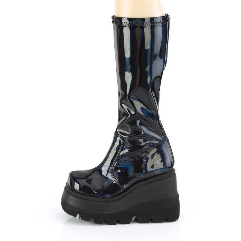 Demonia Shaker 65 - Wedge Platform Stretch Women Knee-High Boots Black USA | MR7-59045A5