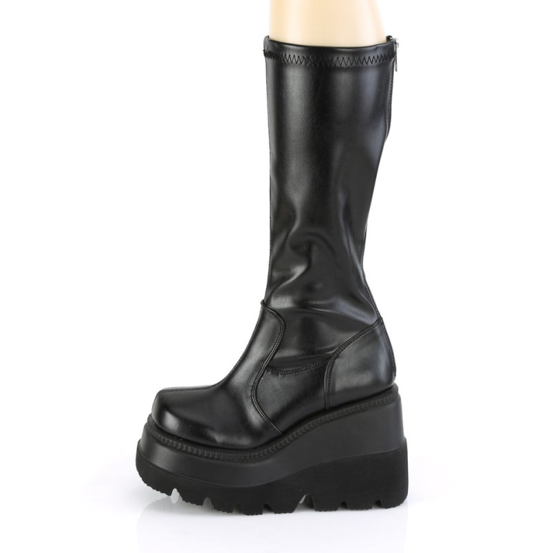 Demonia Shaker 65 - Wedge Platform Stretch Women Knee-High Boots Black / Black USA | YW0-93019T5