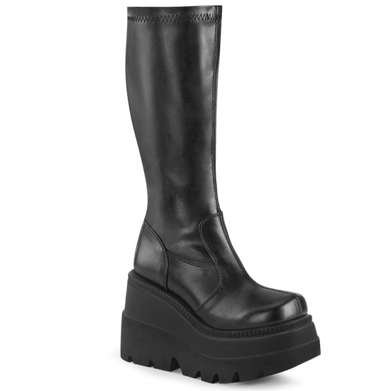 Demonia Shaker 65 - Wedge Platform Stretch Women Knee-High Boots Black / Black USA | YW0-93019T5