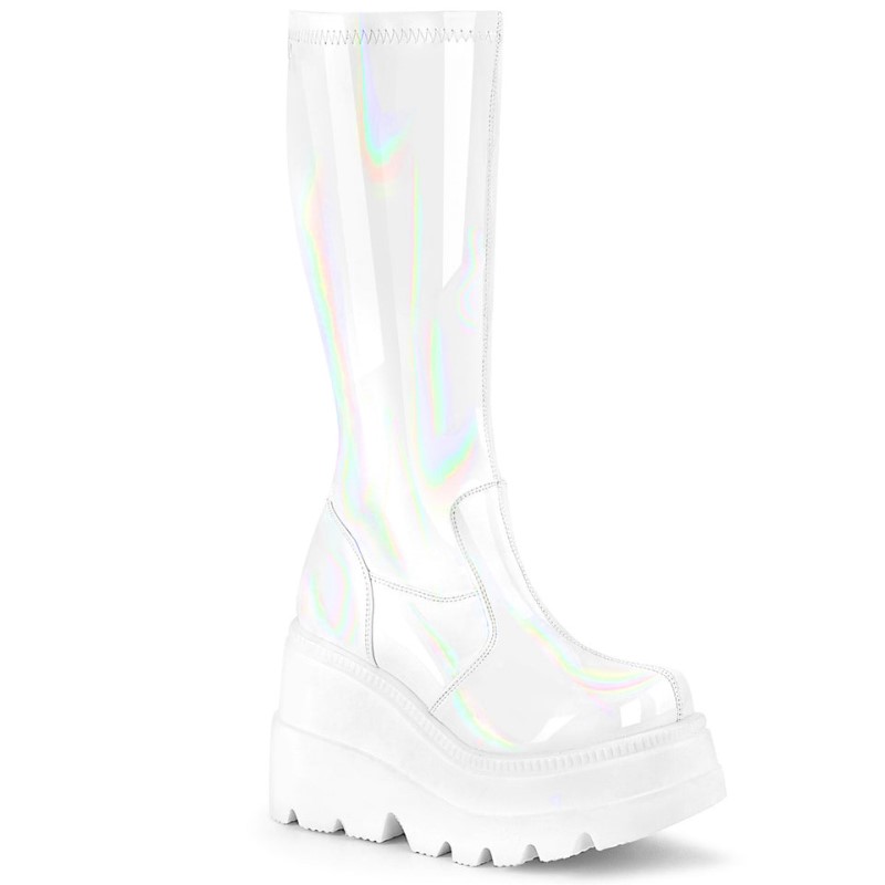 Demonia Shaker 65 - Wedge Platform Stretch Women Knee-High Boots White USA | TA7-35343K6