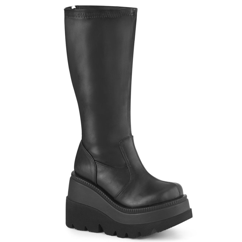 Demonia Shaker 65wc - Platform Stretch Wide Calf Women Knee-High Boots Black USA | HJ8-82118B1