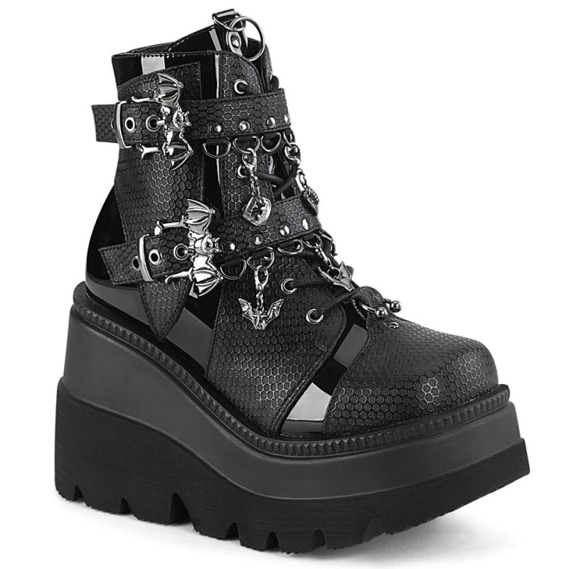 Demonia Shaker 66 - Wedge Platform Lace Up Women Ankle Boots Black USA | MR3-49154B5