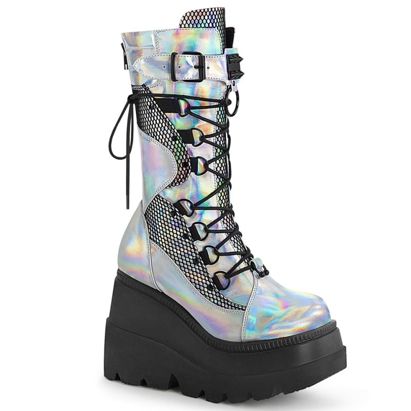 Demonia Shaker 70 - Wedge Platform Lace Up Women Mid-Calf Boots Silver / Black USA | BF5-73827Y0