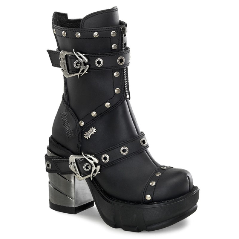 Demonia Sinister 201 - Chromed Heel Molded Platform Multi Strap Studded Women Ankle Boots Black USA | DQ7-39473P8