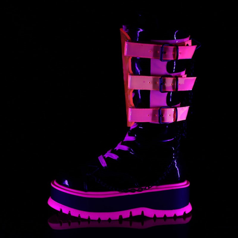 Demonia Slacker 156 - Platform Lace Up Women Mid-Calf Boots Black / Pink USA | RB8-27612V0