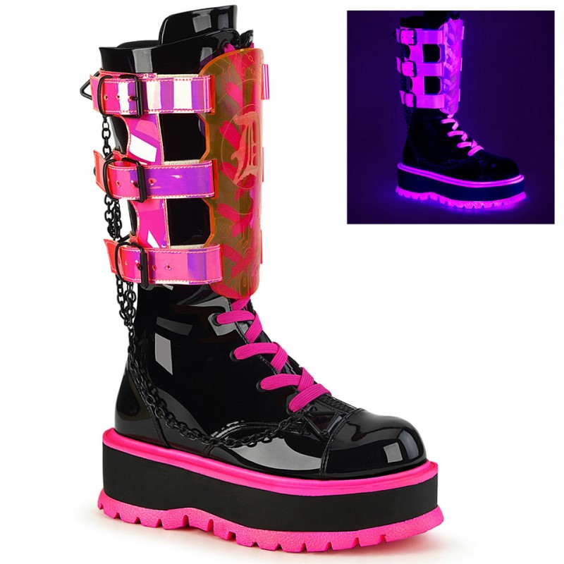 Demonia Slacker 156 - Platform Lace Up Women Mid-Calf Boots Black / Pink USA | RB8-27612V0