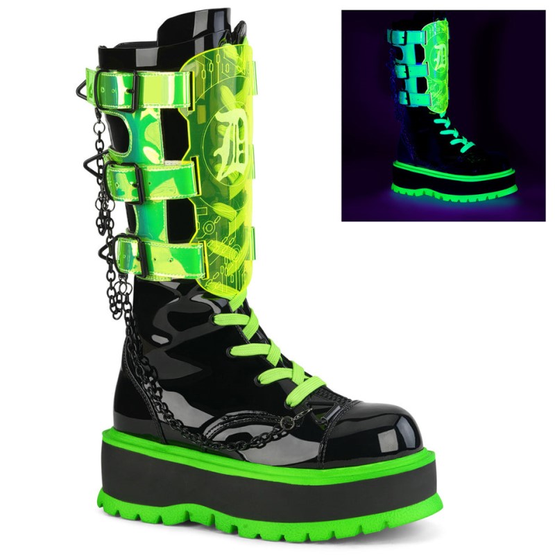 Demonia Slacker 156 - Platform Lace Up Women Mid-Calf Boots Black / Green USA | OD0-29022Z3