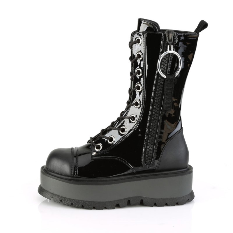 Demonia Slacker 220 - Platform Lace Up Women Mid-Calf Boots Black USA | UY5-57285I4