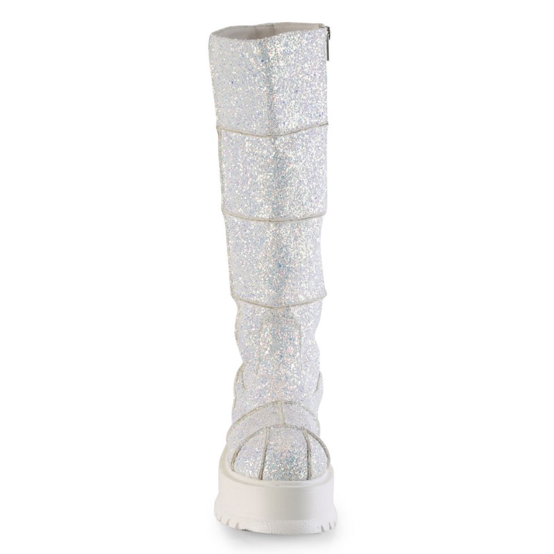 Demonia Slacker 230 - Platform UV Blacklight Reactive Women Knee-High Boots White Multicolor USA | XS4-86558E5