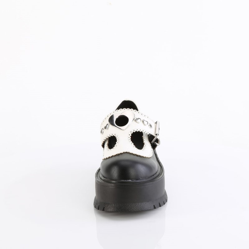 Demonia Slacker 23 - Platform Heart Studded T-Stap Women Mary Janes Black / White USA | VD4-98429O0