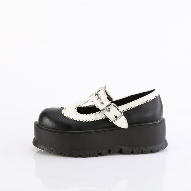 Demonia Slacker 23 - Platform Heart Studded T-Stap Women Mary Janes Black / White USA | VD4-98429O0