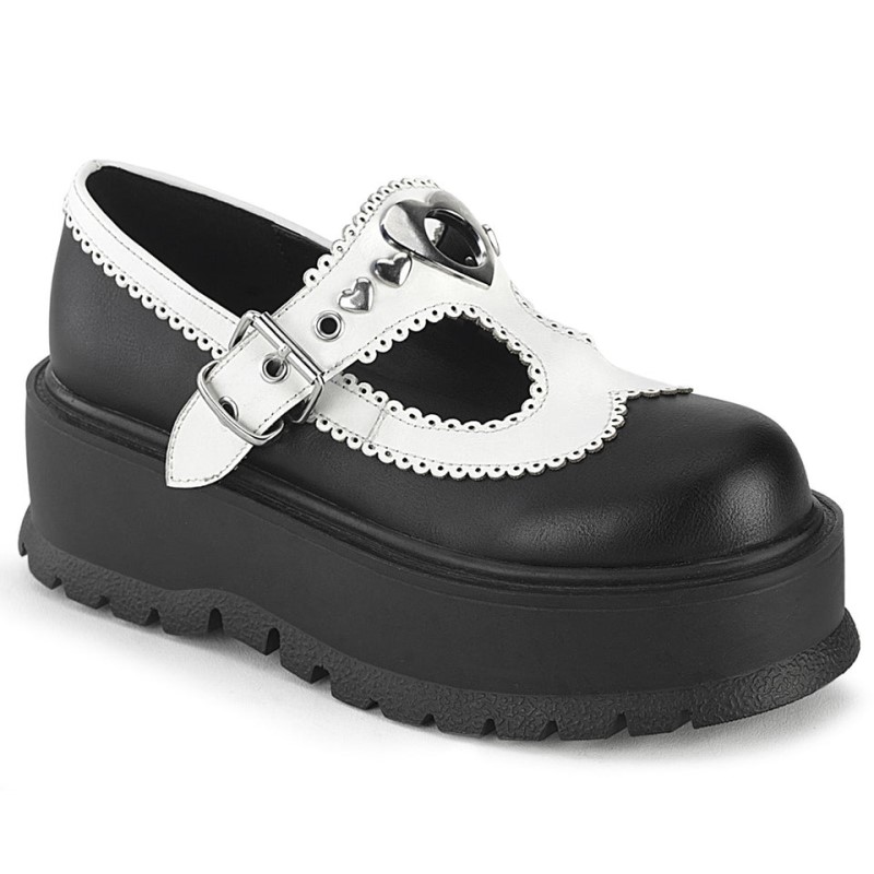 Demonia Slacker 23 - Platform Heart Studded T-Stap Women Mary Janes Black / White USA | VD4-98429O0