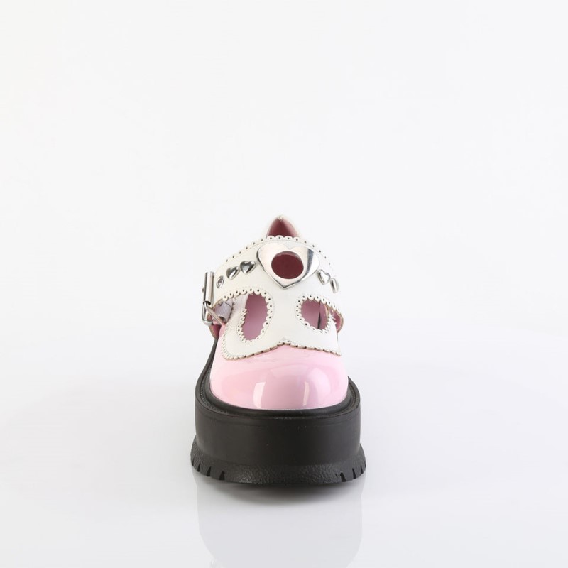 Demonia Slacker 23 - Platform Heart Studded T-Stap Women Mary Janes Pink / White USA | IP8-57325G1