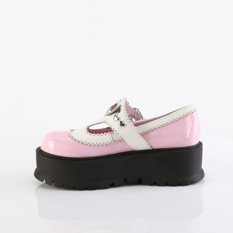 Demonia Slacker 23 - Platform Heart Studded T-Stap Women Mary Janes Pink / White USA | IP8-57325G1