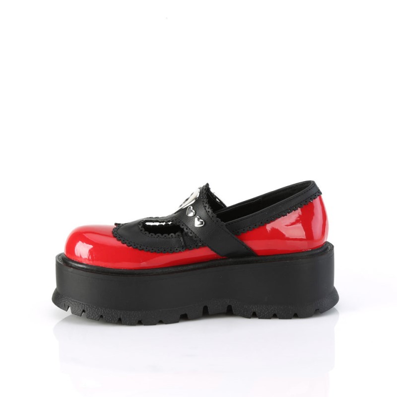 Demonia Slacker 23 - Platform Heart Studded T-Stap Women Mary Janes Red / Black USA | EE3-11581W6