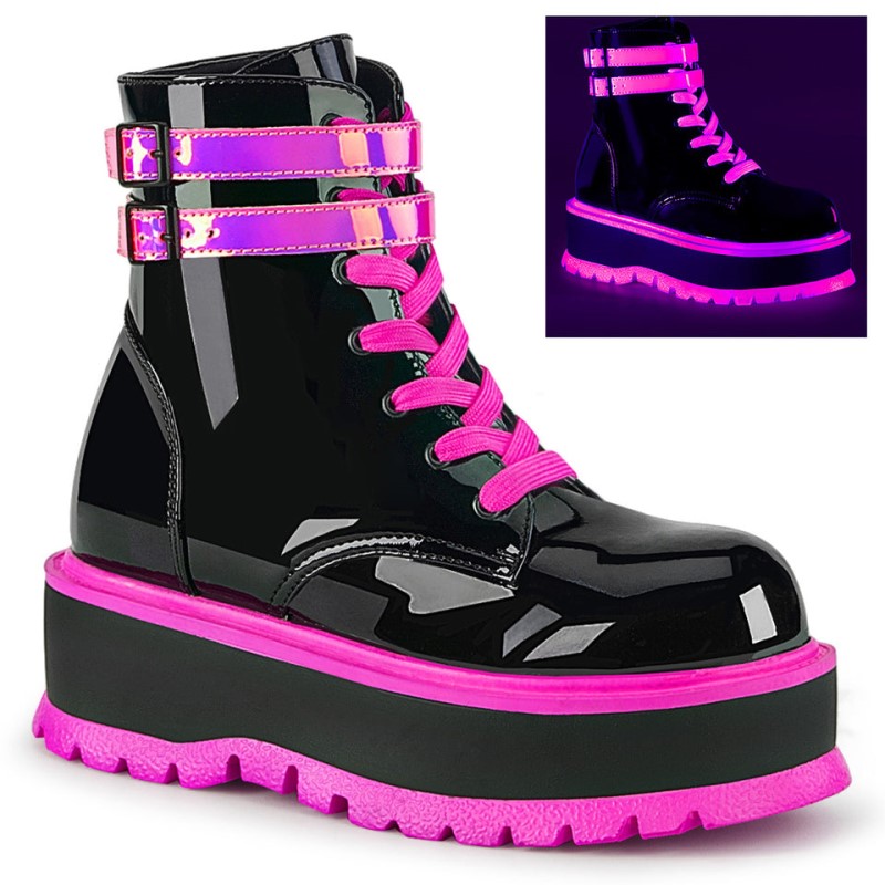 Demonia Slacker 52 - Platform Lace Up Women Ankle Boots Black / Pink USA | TA7-24692K3