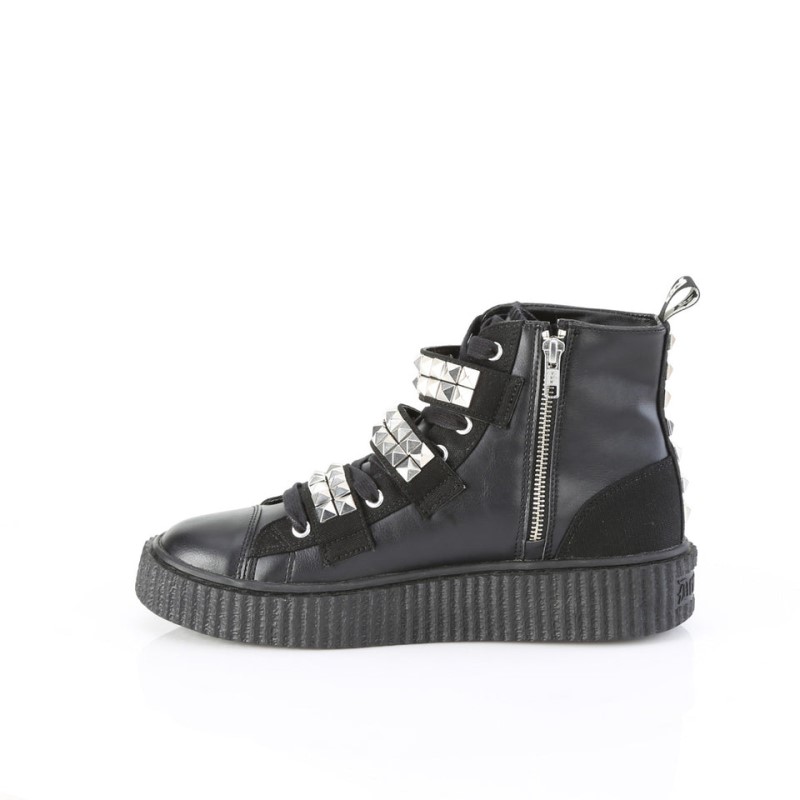 Demonia Sneeker 225 - Platform Rubber High Top Round Toe Lace Up Creeper Women Sneakers Black USA | LZ7-52105J7