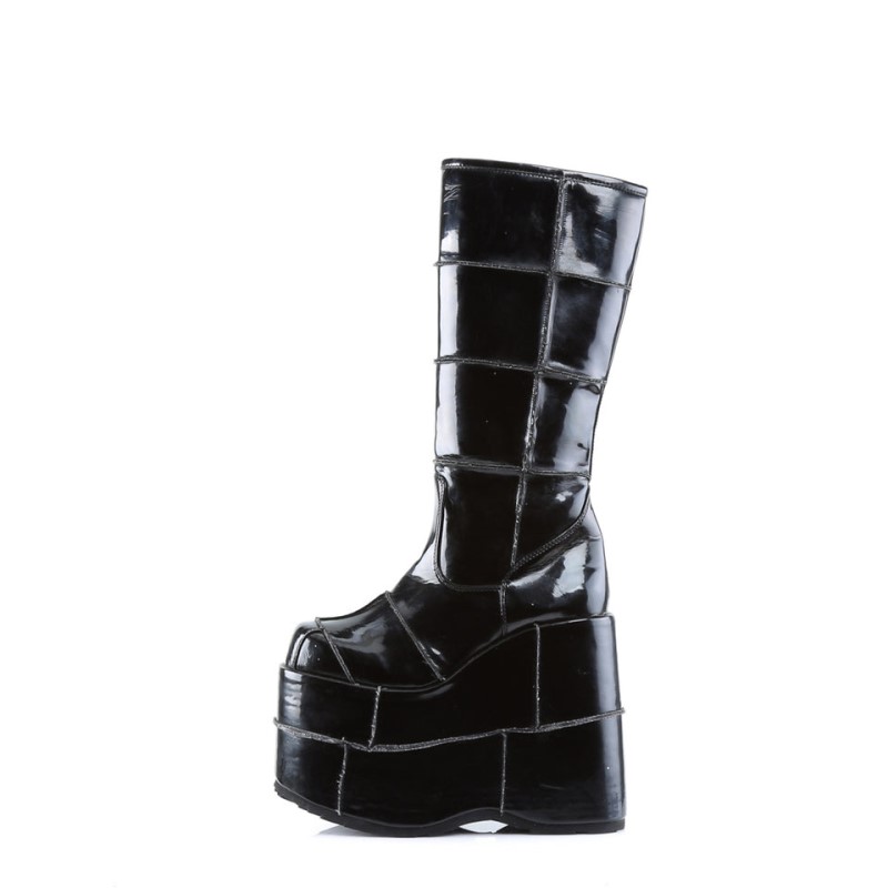 Demonia Stack 301 - Platform Goth Cyber Gogo Punk Patched Women Knee-High Boots Black / Black USA | NT2-52465T6