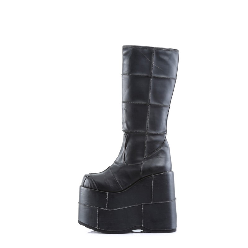 Demonia Stack 301 - Platform Goth Cyber Gogo Punk Patched Women Knee-High Boots Black USA | PO5-79427F5