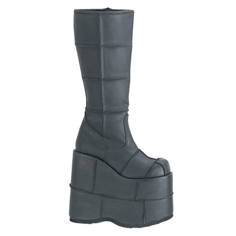 Demonia Stack 301 - Platform Goth Cyber Gogo Punk Patched Women Knee-High Boots Black USA | PO5-79427F5