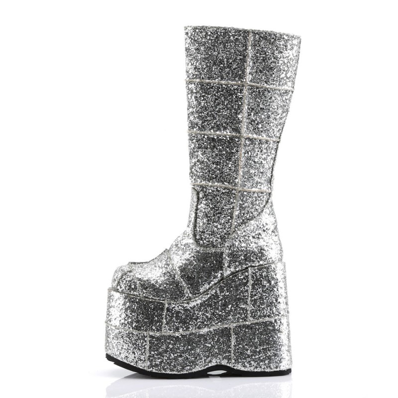 Demonia Stack 301g - Platform Goth Cyber Gogo Punk Patched Women Knee-High Boots Silver USA | LM0-49964Q9