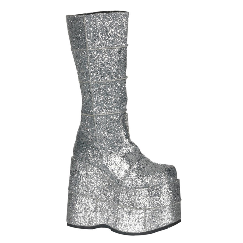 Demonia Stack 301g - Platform Goth Cyber Gogo Punk Patched Women Knee-High Boots Silver USA | LM0-49964Q9